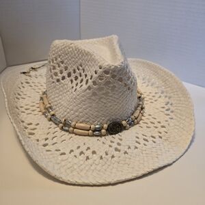 White Woven Cowboy Hat with Beaded Band